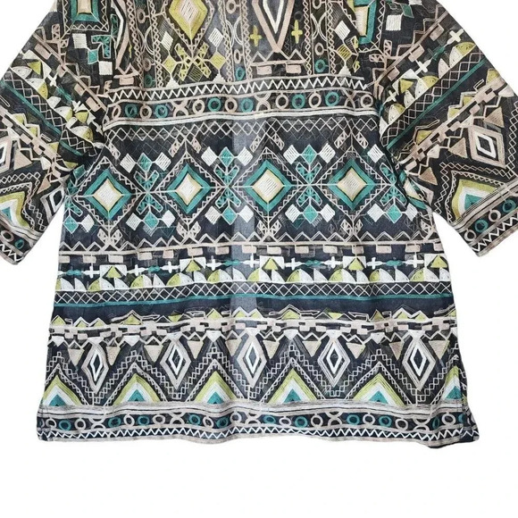 Catherine Top Women's Black Green 3/4 Sleeve Aztec Pattern Kimono Embroidered - Picture 9 of 11